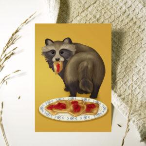 Kortti, jossa supikoira syö pannukakkua.