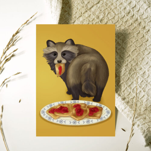 Kortti, jossa supikoira syö pannukakkua.