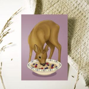 Kortti, jossa kauris syö marjoilla koristeltua kaurapuuroa.