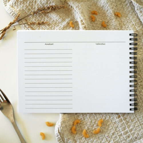 Reseptivihkon sisäsivut, joissa on kirjoitustilaa aineksille ja valmistusohjeelle.