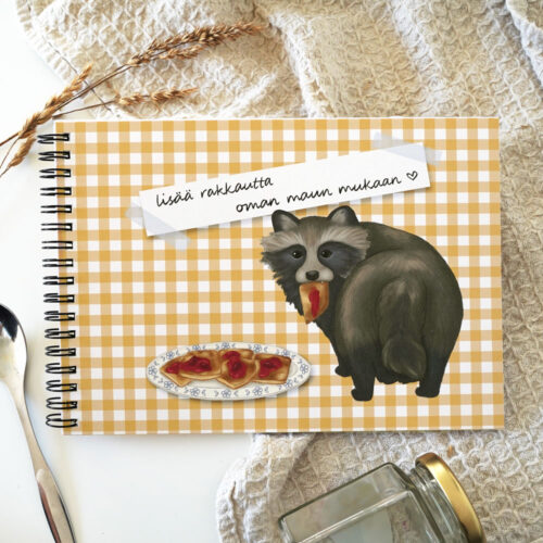 Reseptivihko, jonka kannessa supikoira syö pannukakkua.