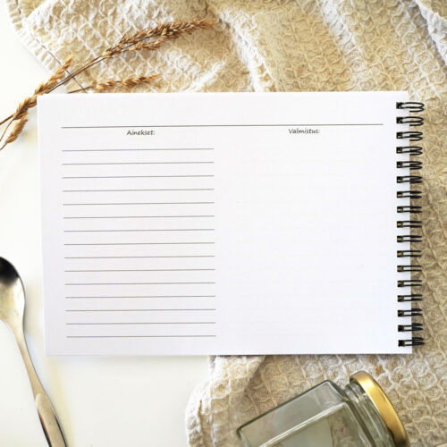 Reseptivihkon sisäsivut, jossa on kirjoitustilaa aineksille ja valmistusohjeelle.