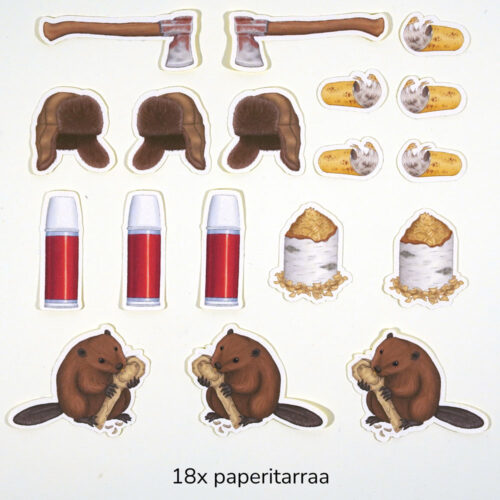 Tarrapussin sisältö: 18 paperitarraa, joiden aiheina puutyöt ja majava.