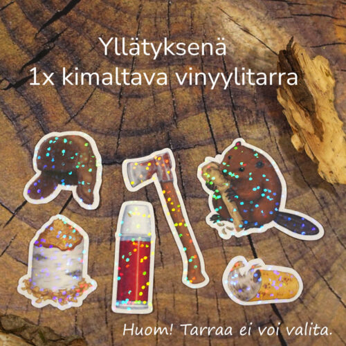 Tarrapussiin sisältyy yllätyksenä yksi kimaltava, vettähylkivä vinyylitarra.