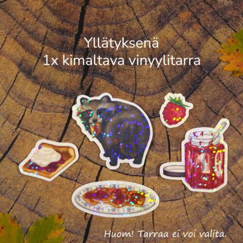 Tarrapussiin sisältyy yllätyksenä yksi kimaltava, vettähylkivä vinyylitarra.